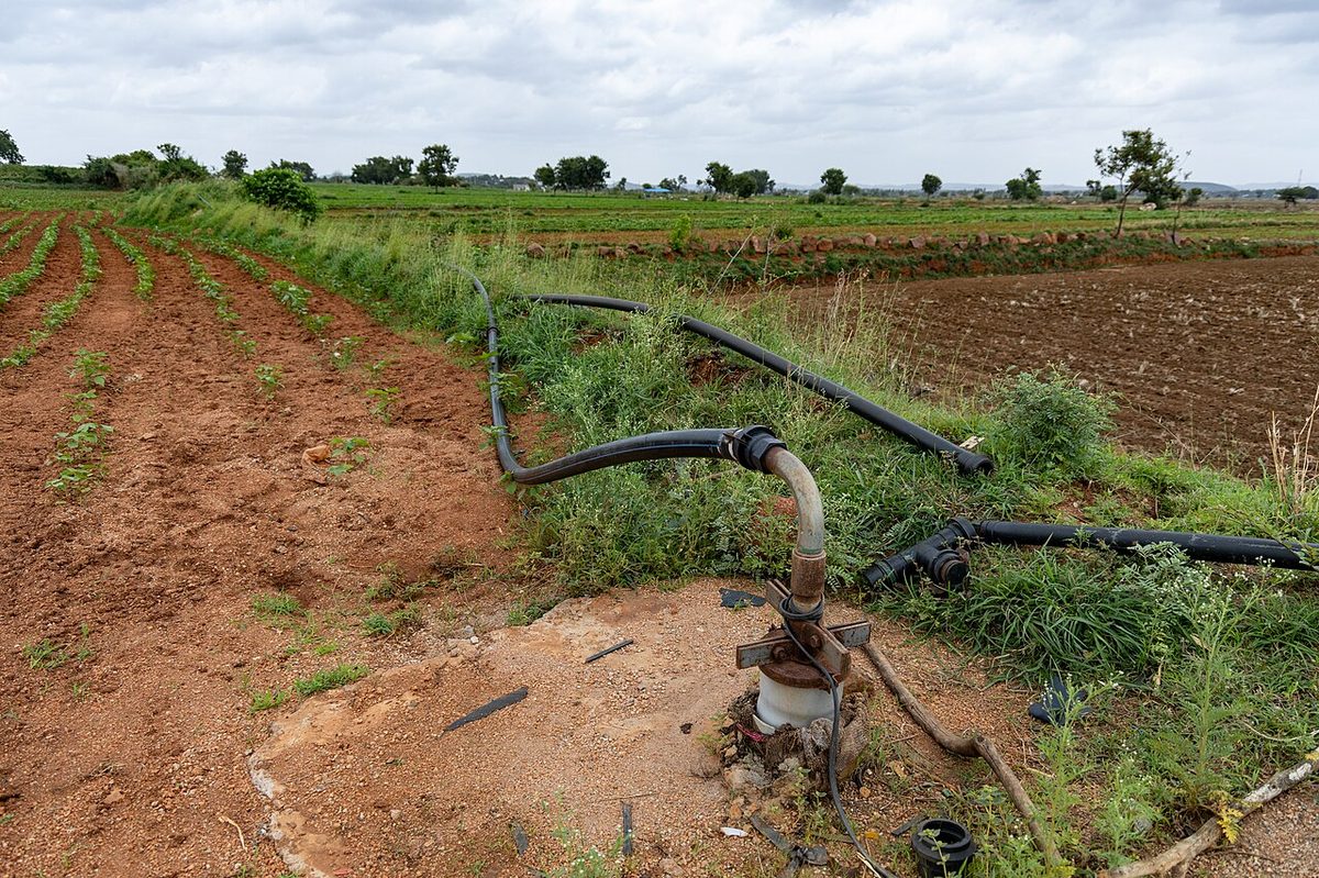Borewell pump and irrigation pipes in a Raichur, India agricultural fields growing cotton
