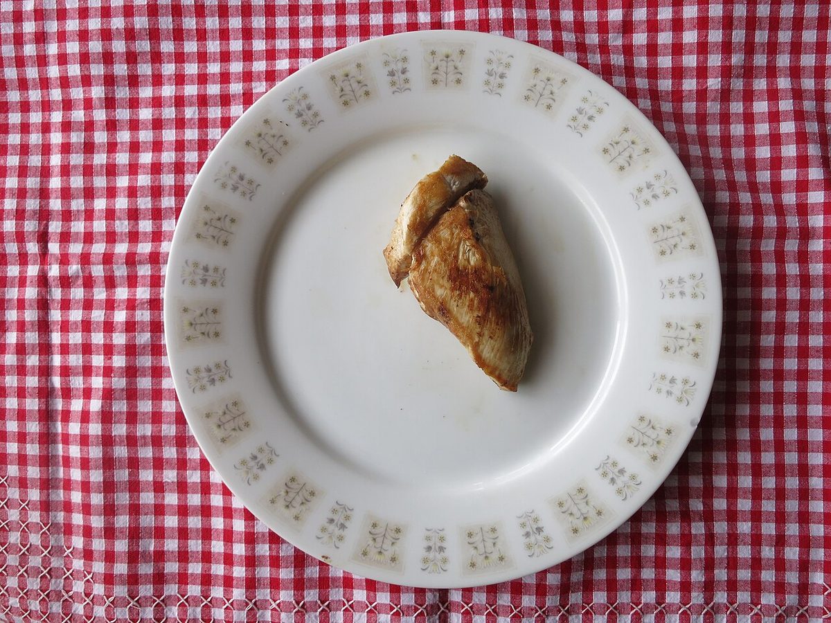 80 grams cooked chicken or 100 grams raw weight