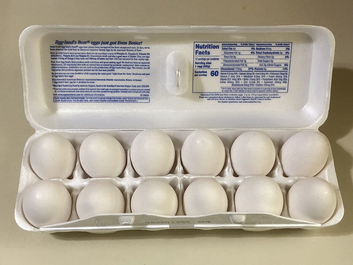 2020-05-05 18 21 50 An open carton of a dozen Large Grade A Chicken Eggs from Egg-land's Best in the Franklin Farm secti