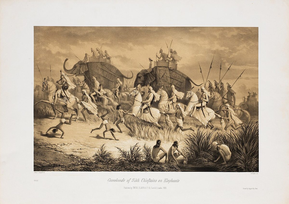 Plate 8. Cavalcade of Sikh chieftains on elephants. Indian Scenes and Characters from drawings made on the spot (1858).j