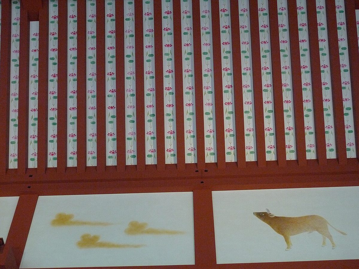 Interior of Daigokuden, Heijo palace, with flower, cloud, cow
