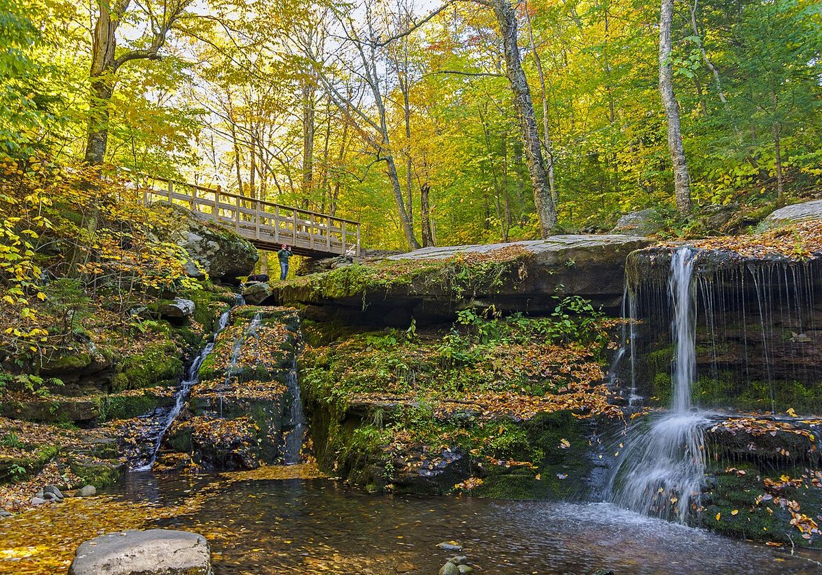 Man with dog taking pictures at Diamond Notch Falls in autumn