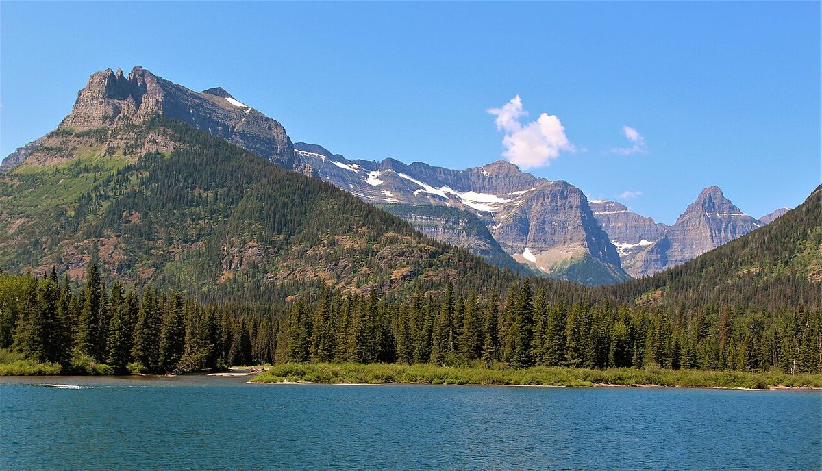 Citadel Peaks rising above Goat Haunt, Waterton Lake